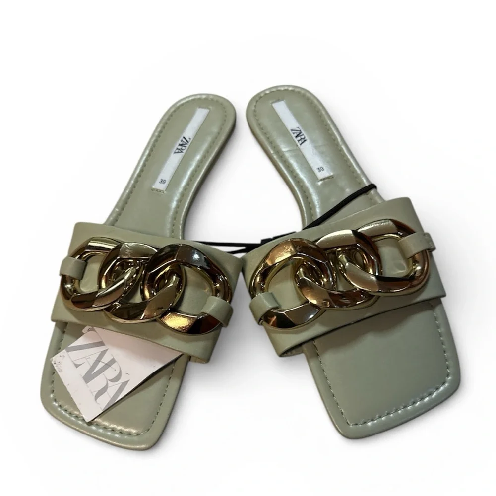 Zara Mint Green Sandals with Gold Chain Accent - Picture 9 of 10